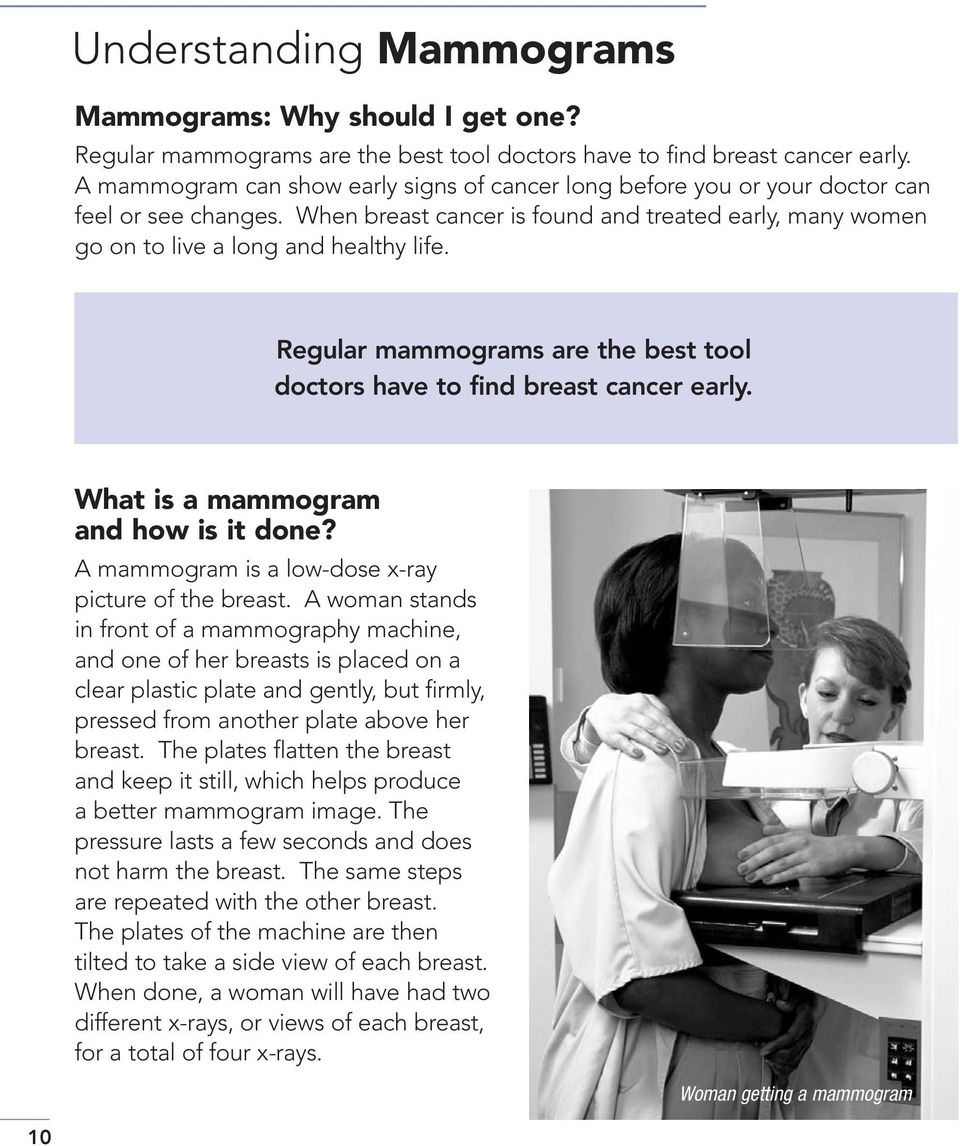 Regular mammograms are the best tool doctors have to find breast cancer early. What is a mammogram and how is it done? A mammogram is a low-dose x-ray picture of the breast.
