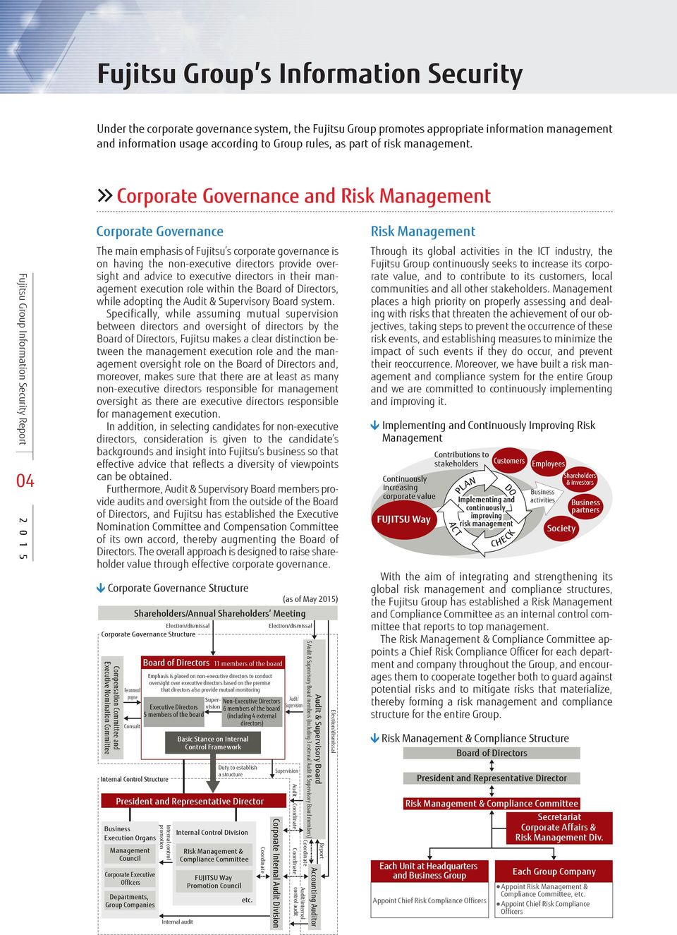 Corporate Governance and Risk Management Fujitsu Group Information Report 2 0 1 5 04 Corporate Governance The main emphasis of Fujitsu s corporate governance is on having the non-executive directors
