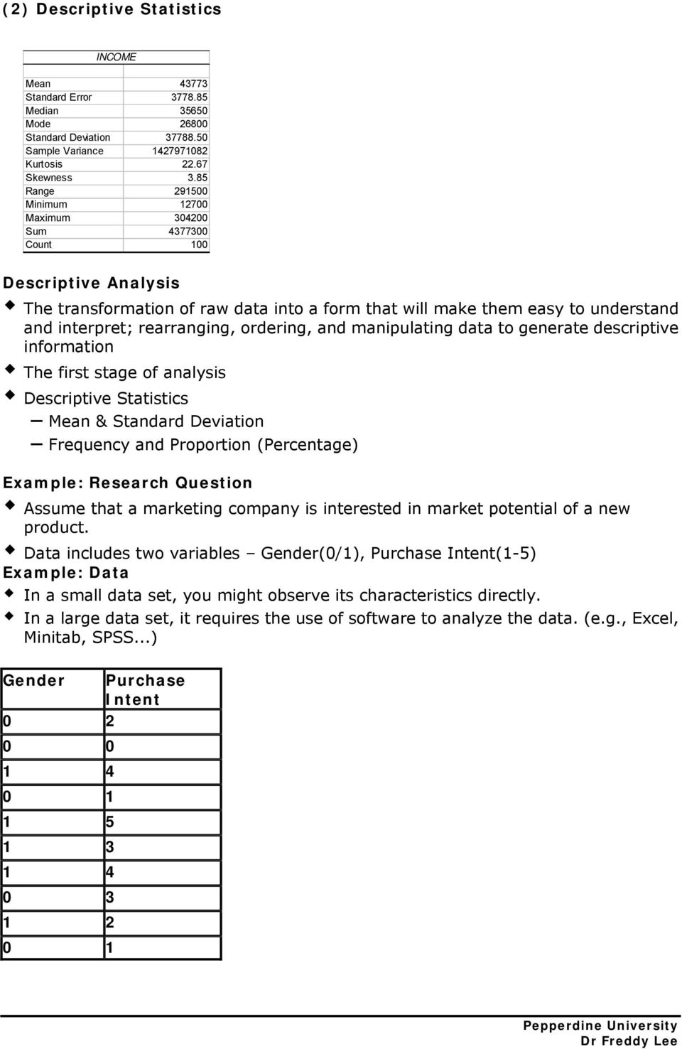 ordering, and manipulating data to generate descriptive information The first stage of analysis Descriptive Statistics Mean & Standard Deviation Frequency and Proportion (Percentage) Example: