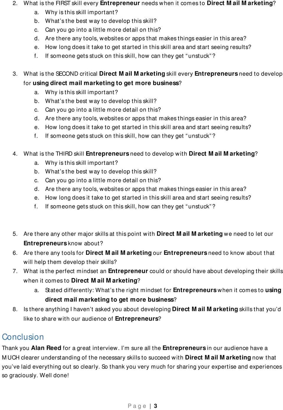 What is the THIRD skill Entrepreneurs need to develop with Direct Mail Marketing? 5.