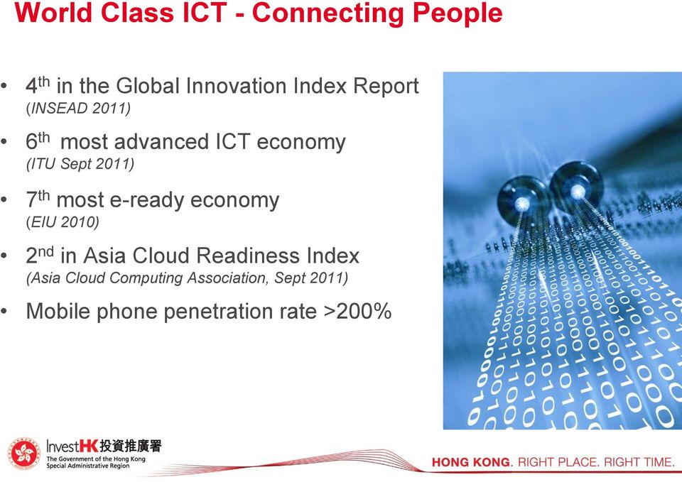 most e-ready economy (EIU 2010) 2 nd in Asia Cloud Readiness Index (Asia