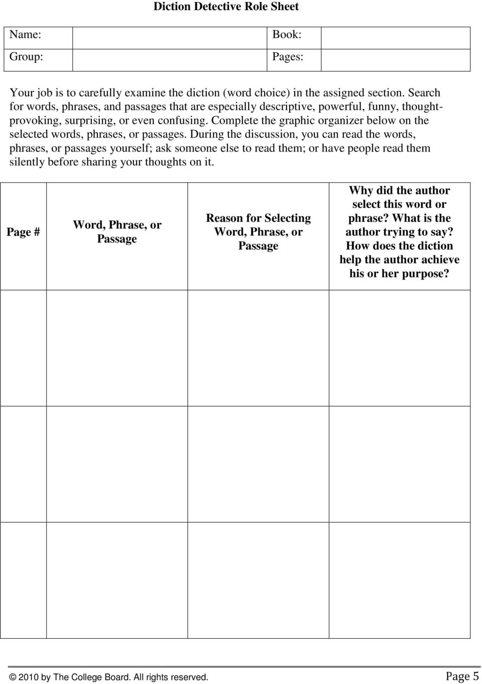 Complete the graphic organizer below on the selected words, phrases, or passages.