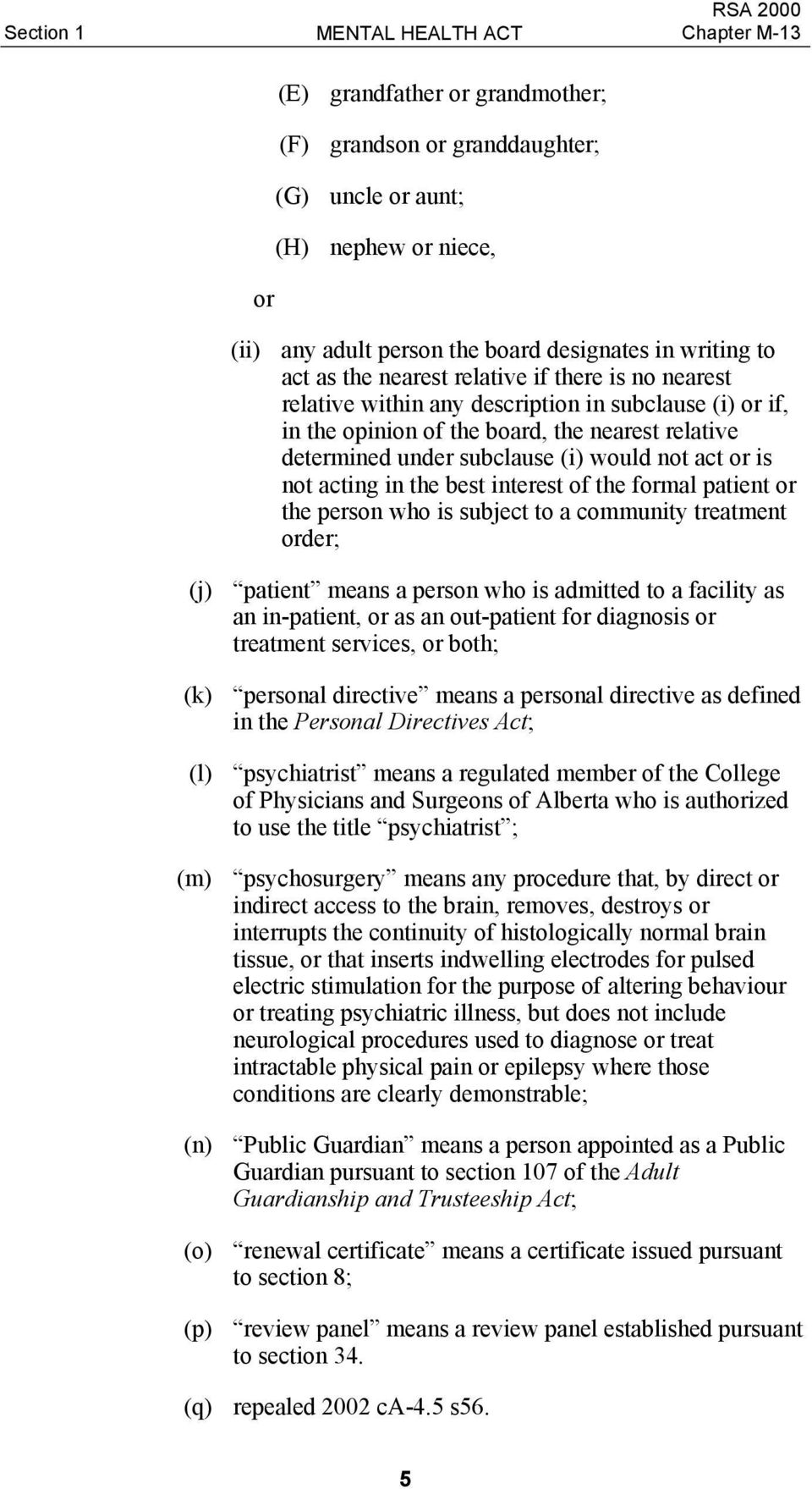 is not acting in the best interest of the formal patient or the person who is subject to a community treatment order; (j) patient means a person who is admitted to a facility as an in-patient, or as