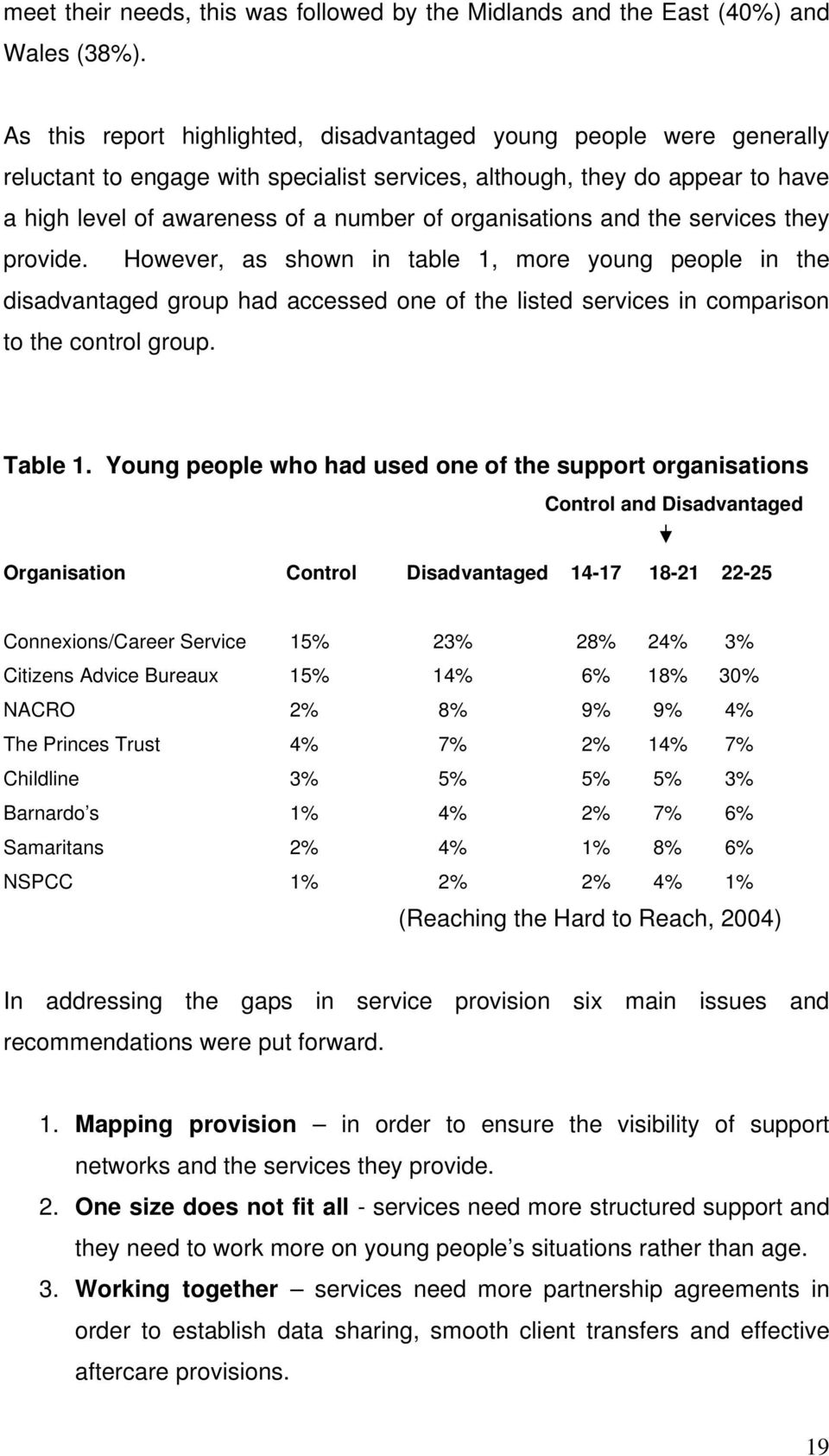 organisations and the services they provide. However, as shown in table 1, more young people in the disadvantaged group had accessed one of the listed services in comparison to the control group.