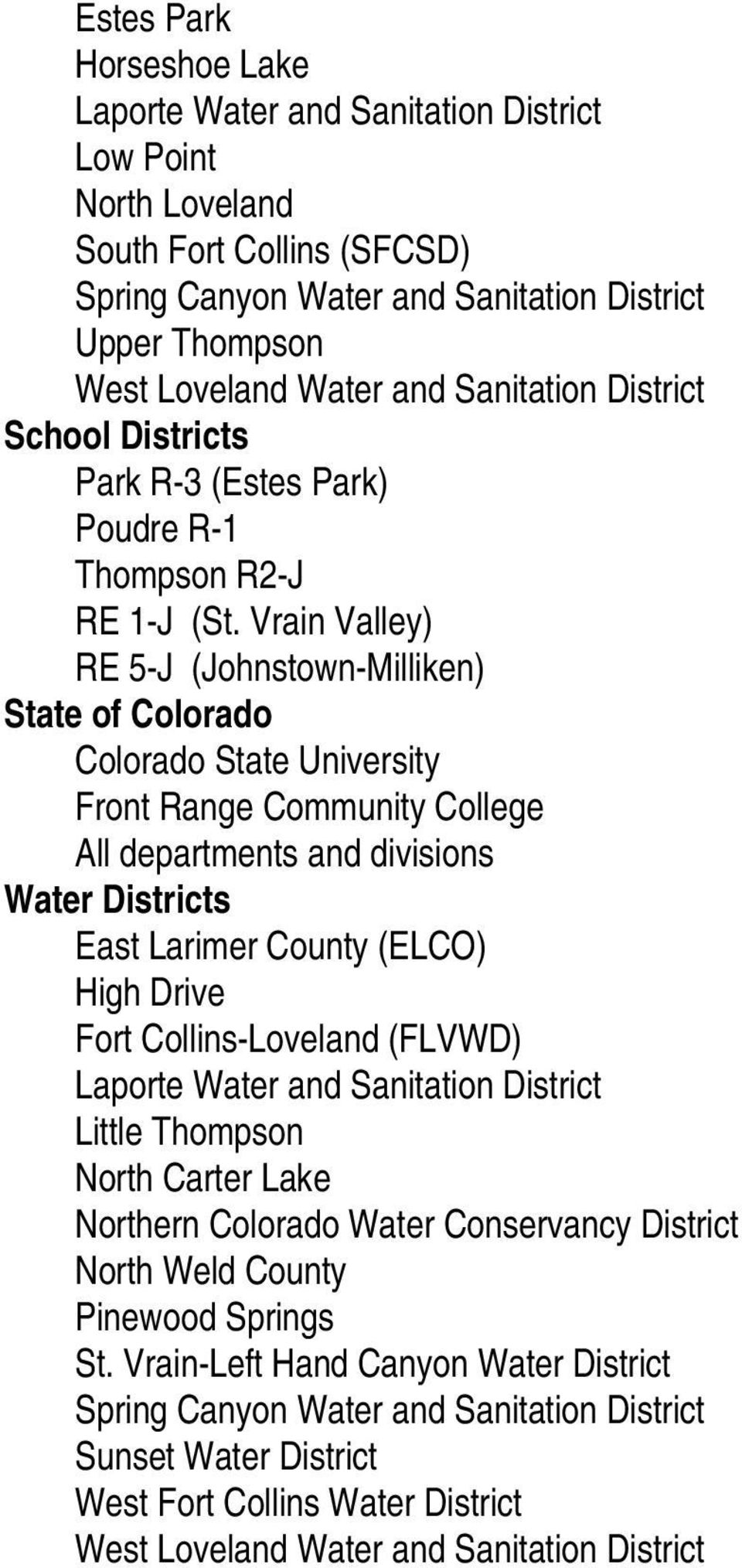 Vrain Valley) RE 5-J (Johnstown-Milliken) State of Colorado Colorado State University Front Range Community College All departments and divisions Water Districts East Larimer County (ELCO) High Drive