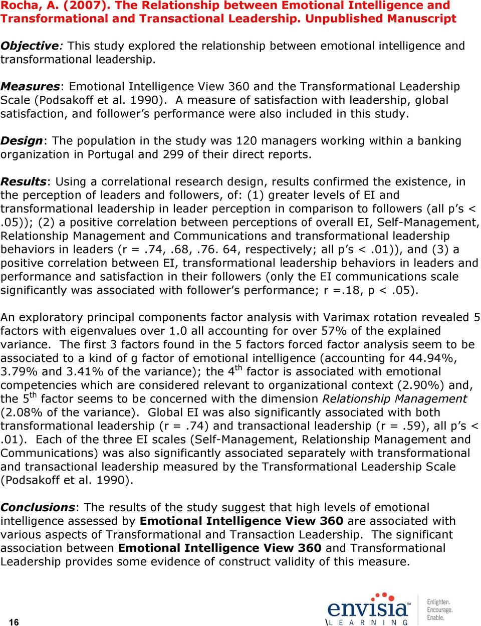 Measures: Emotional Intelligence View 360 and the Transformational Leadership Scale (Podsakoff et al. 1990).
