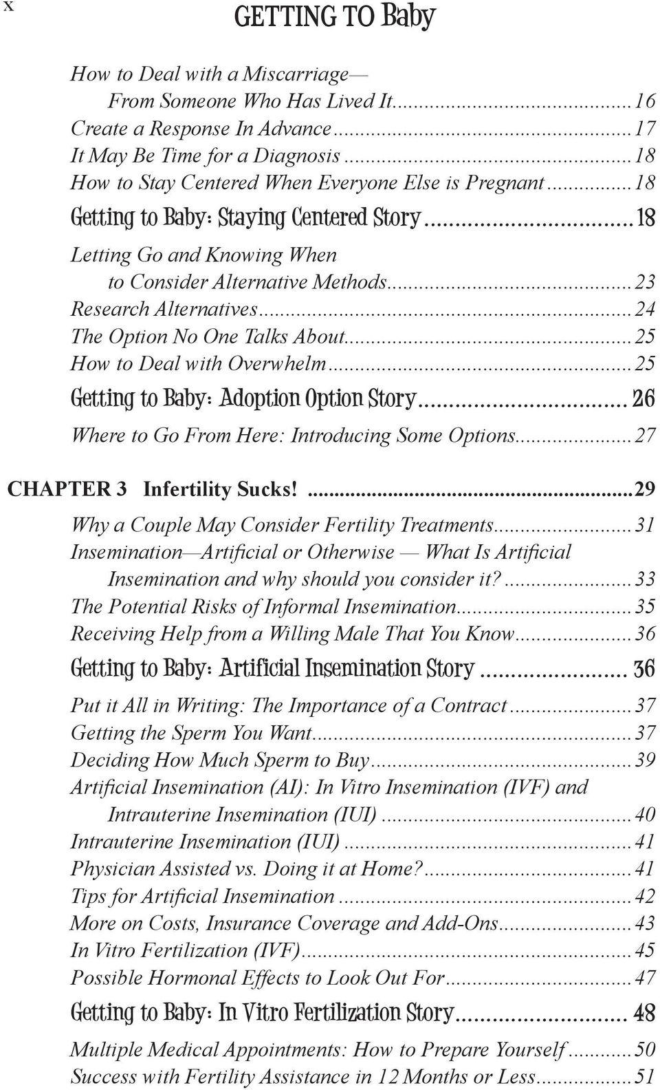 ..27 CHAPTER 3 Infertility Sucks!...29 Why a Couple May Consider Fertility Treatments...31...33 The Potential Risks of Informal Insemination...35...36 Getting to Baby: Artificial Insemination Story.