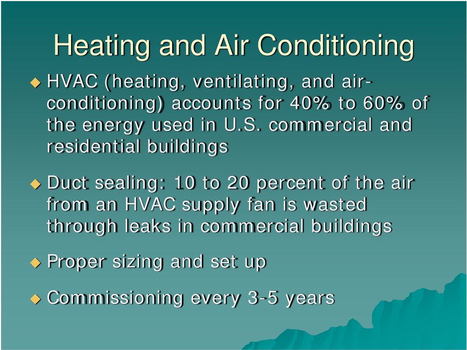 commercial and residential buildings Duct sealing: 10 to 20 percent of the air from