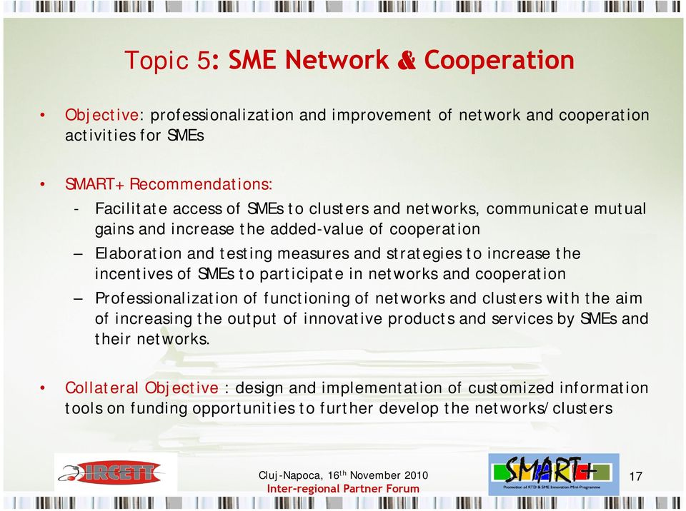 SMEs to participate in networks and cooperation Professionalization of functioning of networks and clusters with the aim of increasing the output of innovative products and
