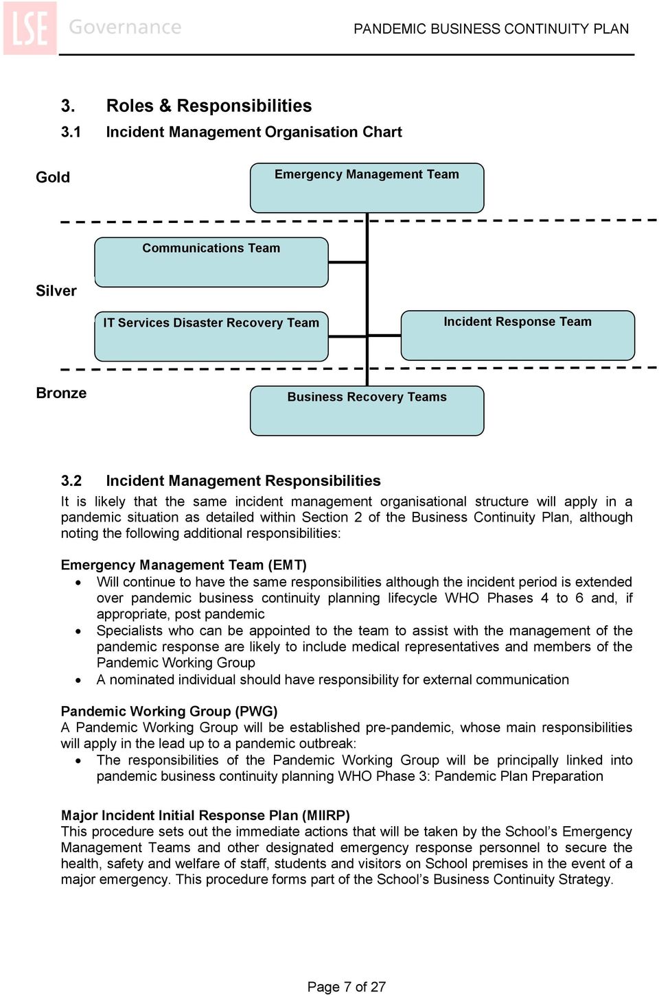 2 Incident Management Responsibilities It is likely that the same incident management organisational structure will apply in a pandemic situation as detailed within Section 2 of the Business
