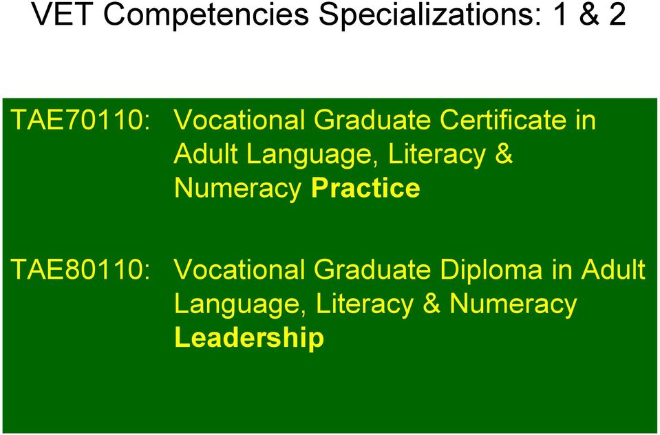 Literacy & Numeracy Practice TAE80110: Vocational
