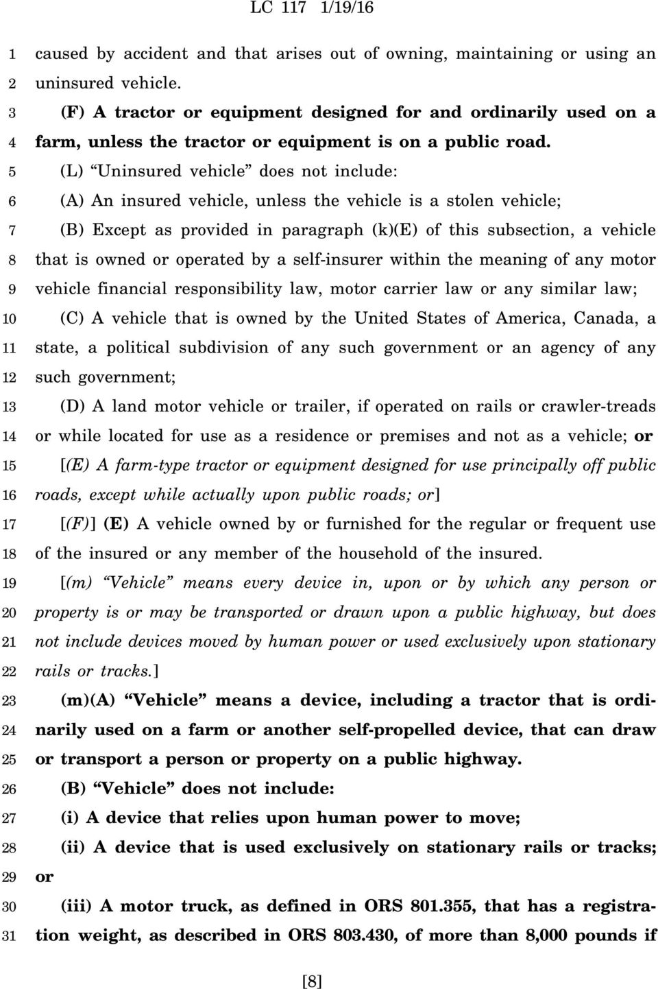 (L) Uninsured vehicle does not include: (A) An insured vehicle, unless the vehicle is a stolen vehicle; (B) Except as provided in paragraph (k)(e) of this subsection, a vehicle that is owned or