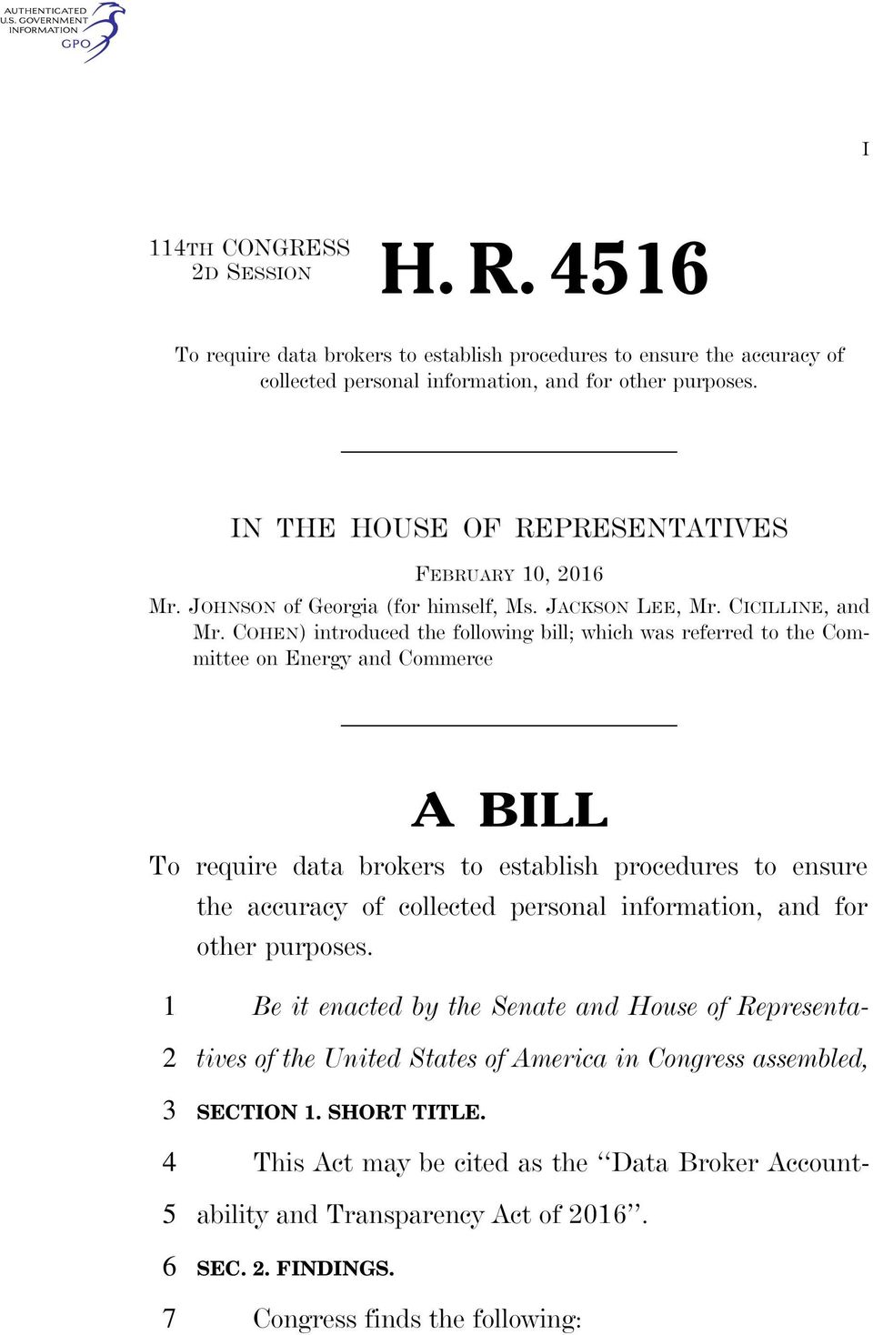 COHEN) introduced the following bill; which was referred to the Committee on Energy and Commerce A BILL To require data brokers to establish procedures to ensure the accuracy of collected personal