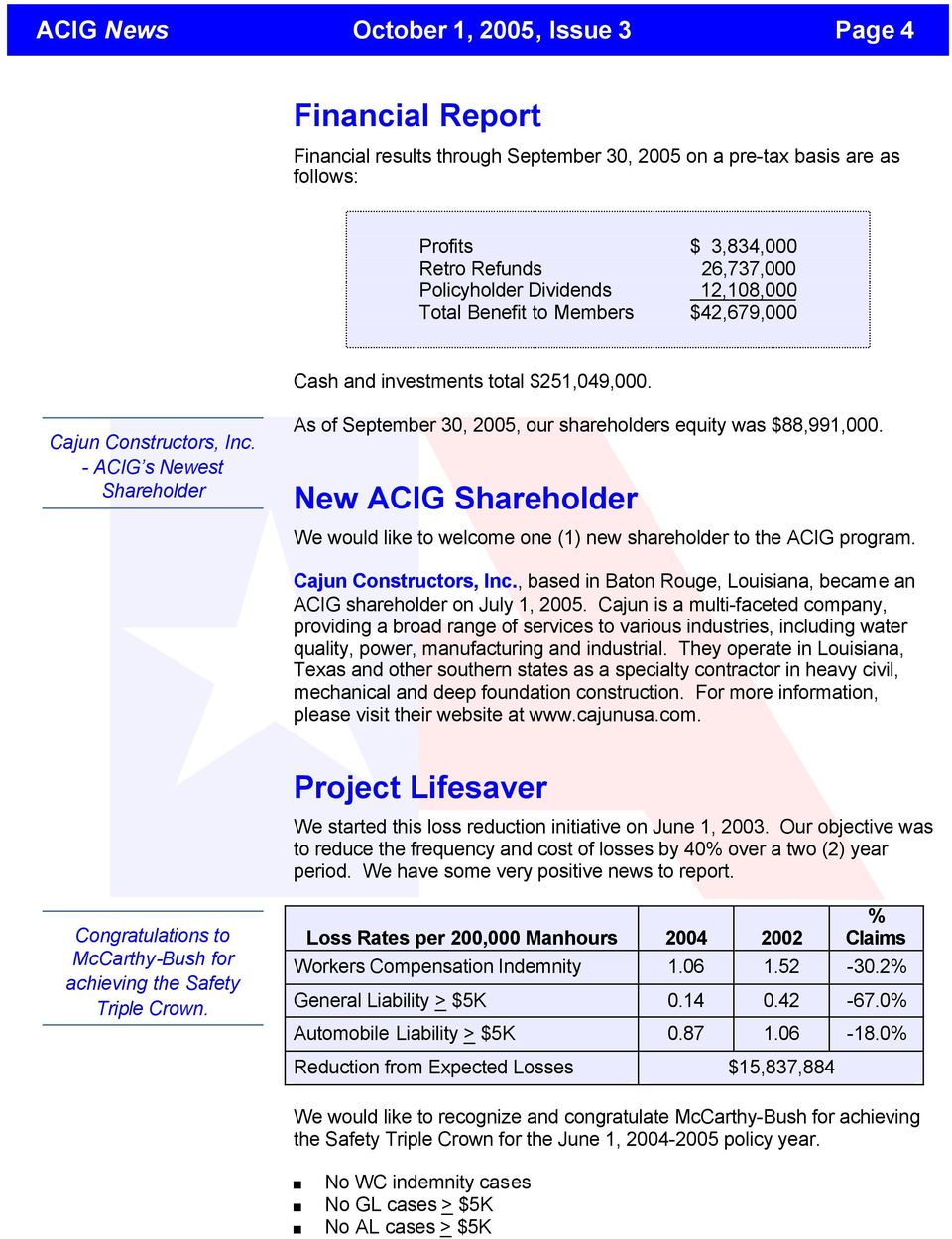 - ACIG s Newest Shareholder As of September 30, 2005, our shareholders equity was $88,991,000. New ACIG Shareholder We would like to welcome one (1) new shareholder to the ACIG program.