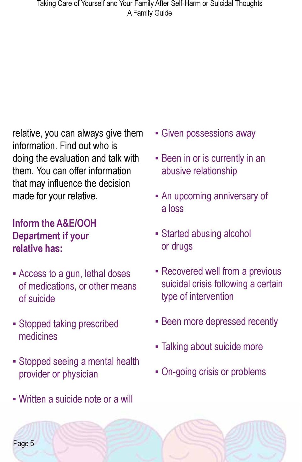 means of suicide Stopped taking prescribed medicines Stopped seeing a mental health provider or physician Given possessions away Been in or is currently in an abusive relationship An upcoming