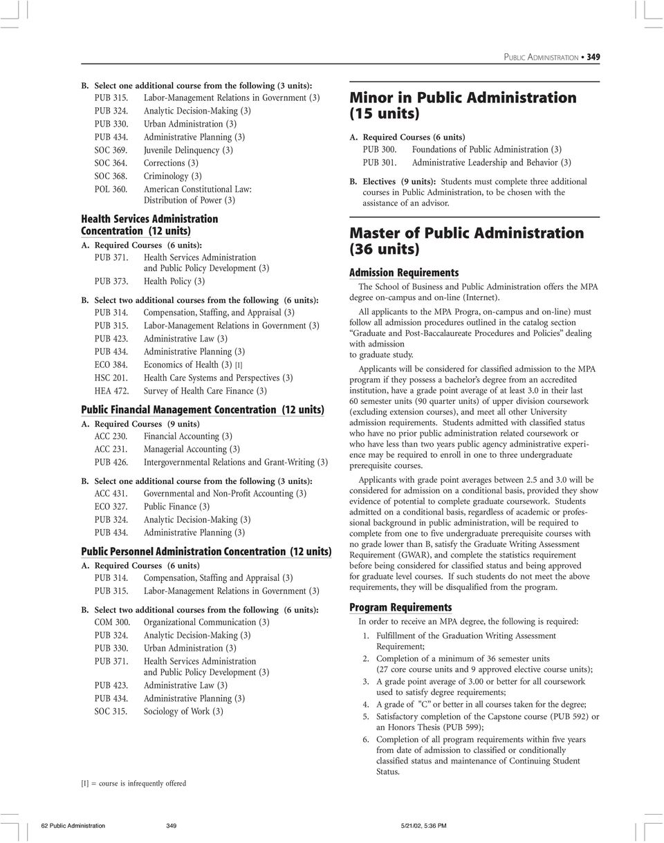 Health Services Administration and Public Policy Development (3) PUB 373. Health Policy (3) B. Select two additional courses from the following (6 units): PUB 314.