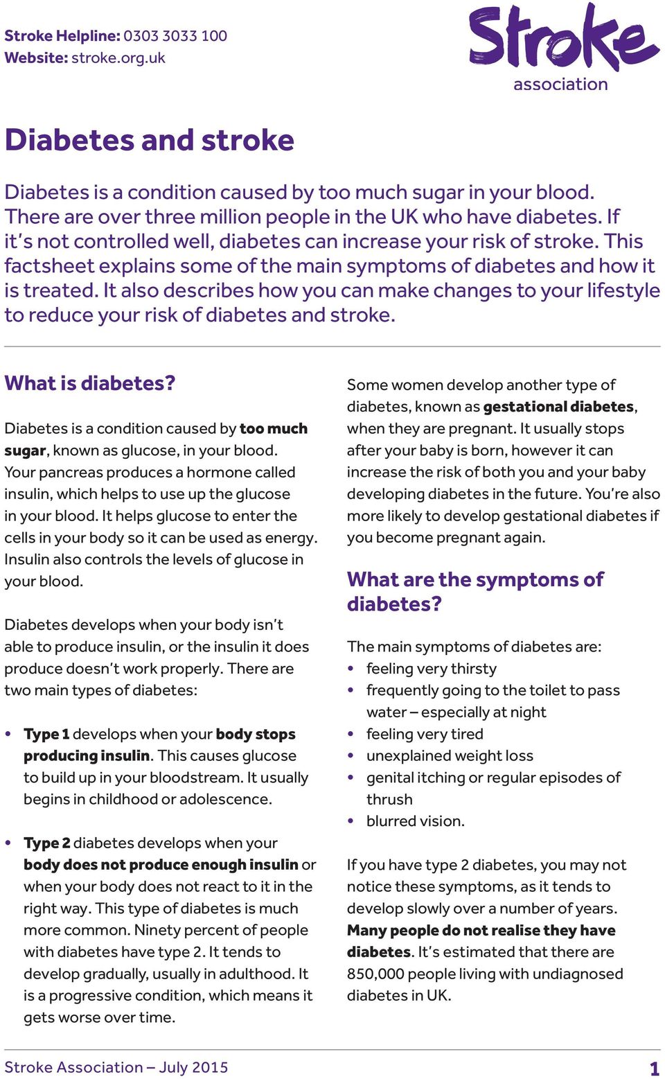 This factsheet explains some of the main symptoms of diabetes and how it is treated. It also describes how you can make changes to your lifestyle to reduce your risk of diabetes and stroke.