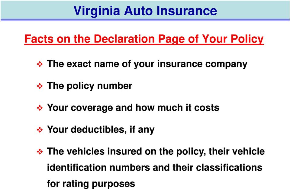 much it costs Your deductibles, if any The vehicles insured on the policy,