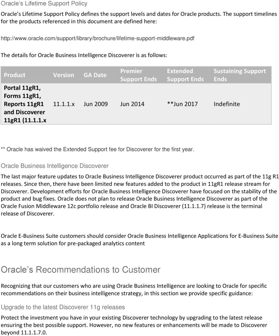 pdf The details for Oracle Business Intelligence Discoverer is as follows: Product Version GA Date Portal 11gR1, Forms 11gR1, Reports 11gR1 and Discoverer 11gR1 (11.1.1.x Premier Support Ends Extended Support Ends Sustaining Support Ends 11.