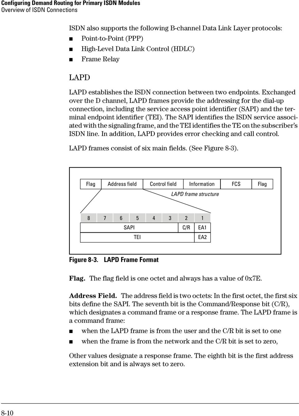 Exchanged over the D channel, LAPD frames provide the addressing for the dial-up connection, including the service access point identifier (SAPI) and the terminal endpoint identifier (TEI).