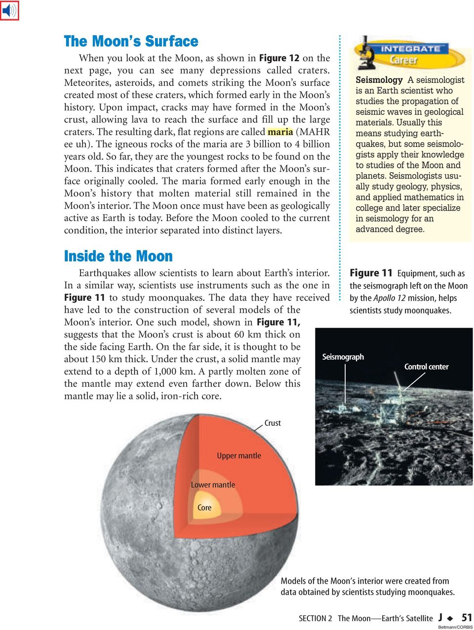 Upon impact, cracks may have formed in the Moon s crust, allowing lava to reach the surface and fill up the large craters. The resulting dark, flat regions are called maria (MAHR ee uh).