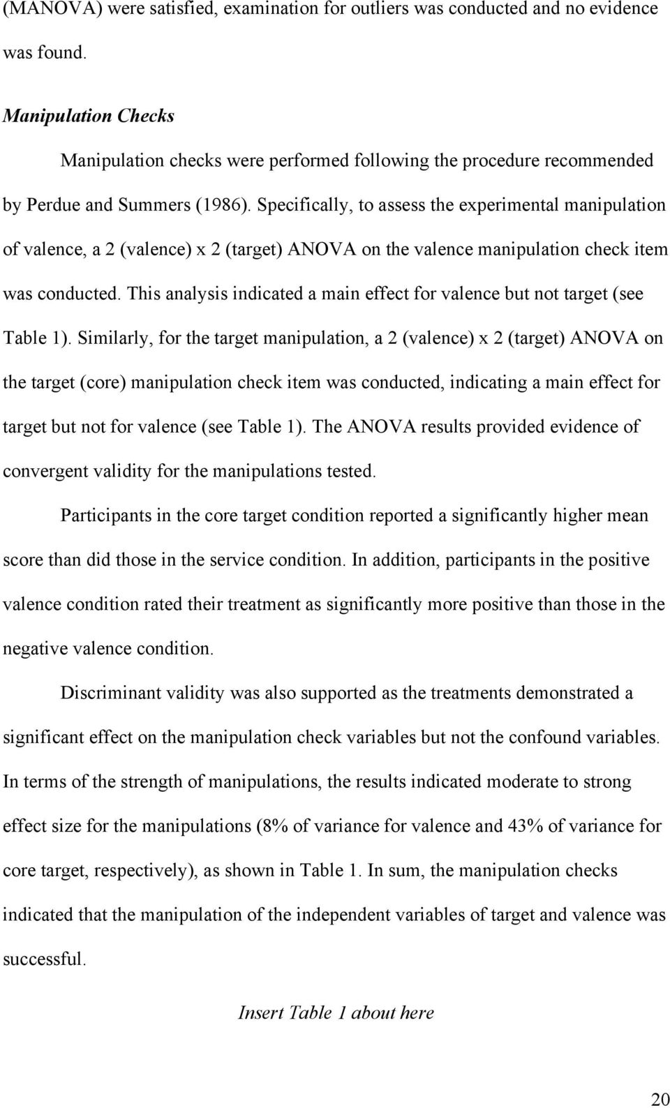 Specifically, to assess the experimental manipulation of valence, a 2 (valence) x 2 (target) ANOVA on the valence manipulation check item was conducted.