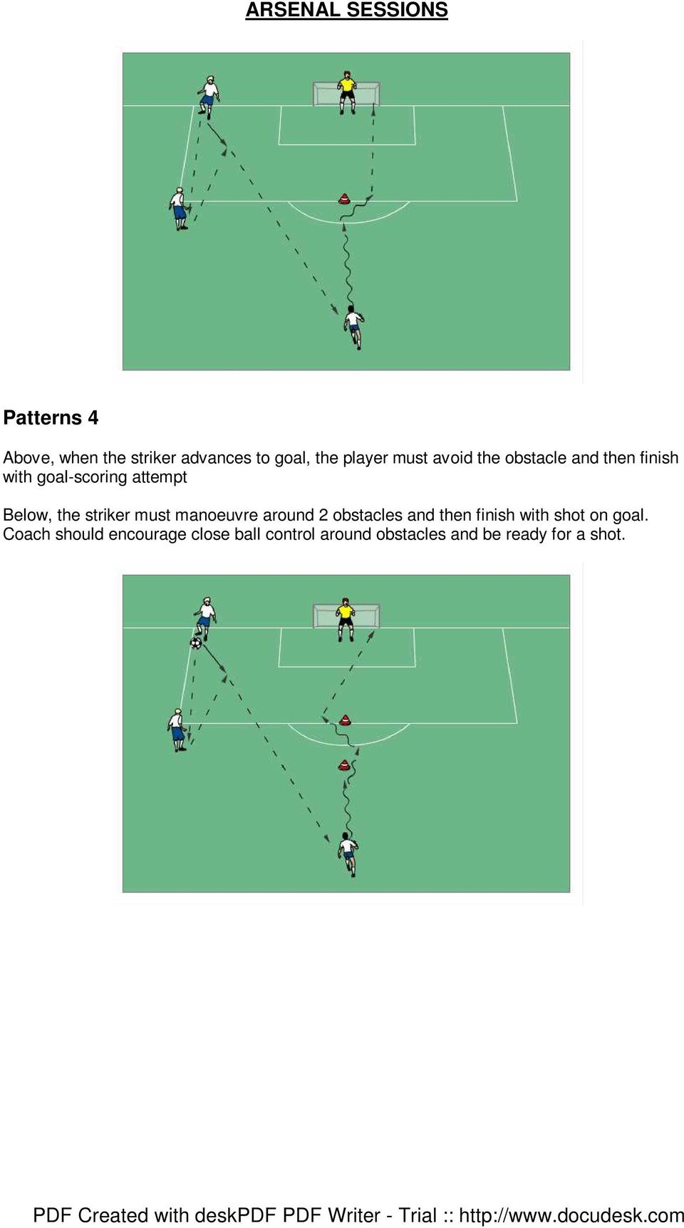 must manoeuvre around 2 obstacles and then finish with shot on goal.