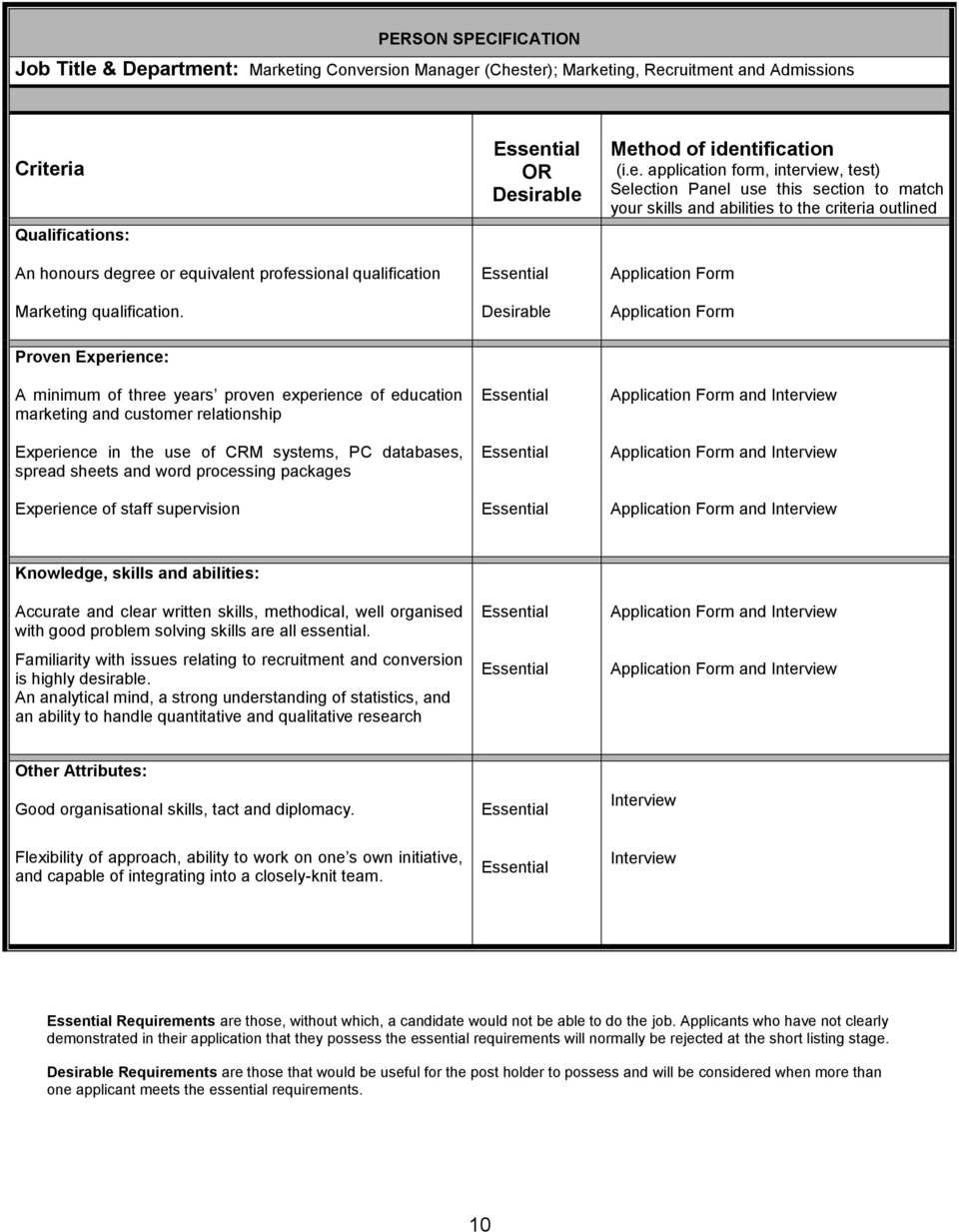 skills and abilities to the criteria outlined Application Form Application Form Proven Experience: A minimum of three years proven experience of education marketing and customer relationship