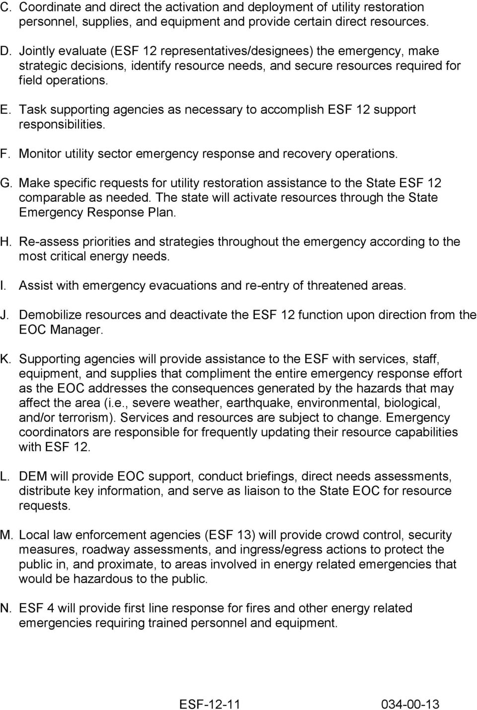 Task supporting agencies as necessary to accomplish ESF 12 support responsibilities. F. Monitor utility sector emergency response and recovery operations. G.