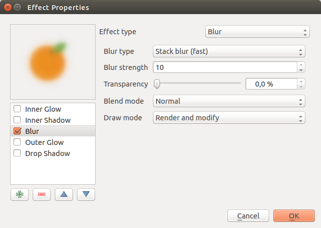 Paint effects can be activated by checking the Draw effects option and clicking the Customize effects button, that will open the Effect Properties Dialog (see figure_effects_1).