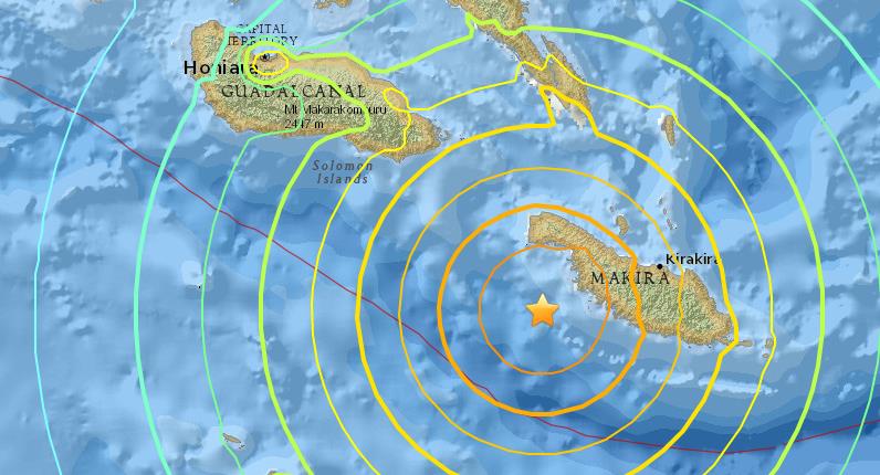 A 7.7 magnitude earthquake struck offshore in the Solomon Islands. The earthquake occurred less than 30 kilometers off the island of Makira, at a depth of 48.