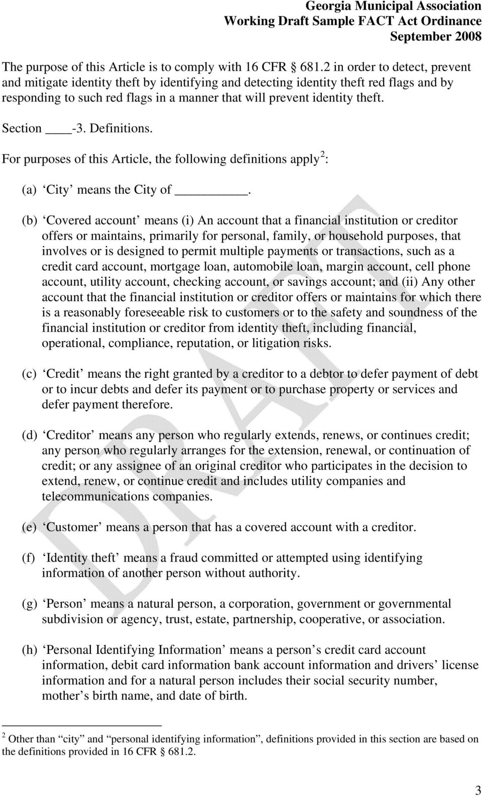Section -3. Definitions. For purposes of this Article, the following definitions apply 2 : (a) City means the City of.