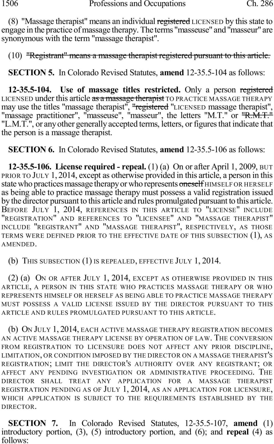 In Colorado Revised Statutes, amend 12-35.5-104 as follows: 12-35.5-104. Use of massage titles restricted.