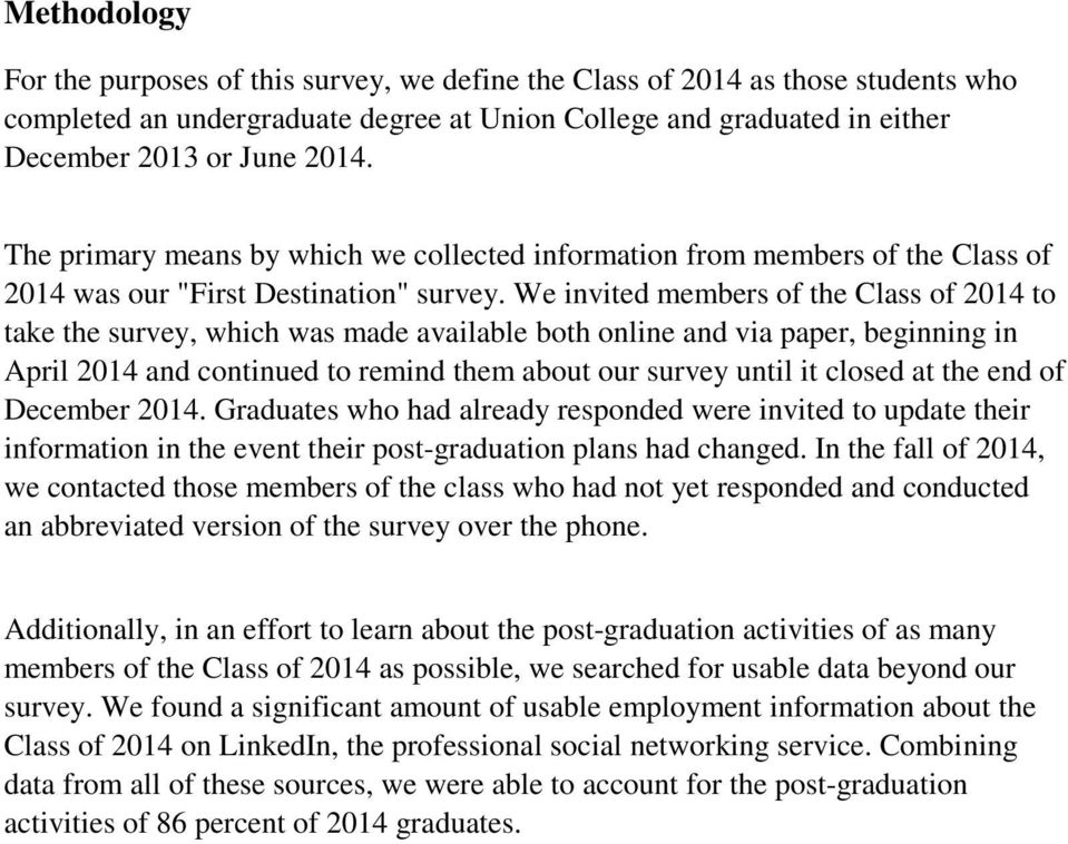 We invited members of the Class of 2014 to take the survey, which was made available both online and via paper, beginning in April 2014 and continued to remind them about our survey until it closed