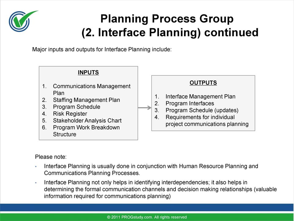 Requirements for individual project communications planning Please note: Interface Planning is usually done in conjunction with Human Resource Planning and Communications Planning Processes.