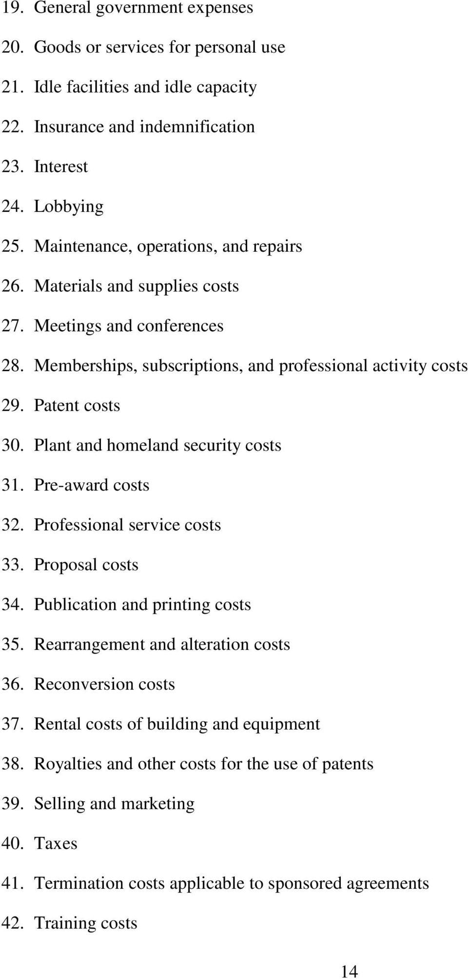 Plant and homeland security costs 31. Pre-award costs 32. Professional service costs 33. Proposal costs 34. Publication and printing costs 35. Rearrangement and alteration costs 36.