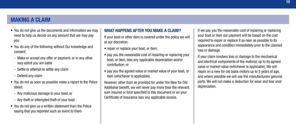 about: - Any malicious damage to your boat, or - Any theft or attempted theft of your boat You do not give us a written statement from the Police saying that you reported such an event to them WHAT