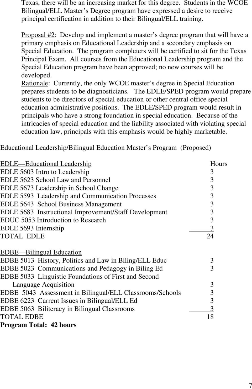 Proposal #2: Develop and implement a master s degree program that will have a primary emphasis on Educational Leadership and a secondary emphasis on Special Education.