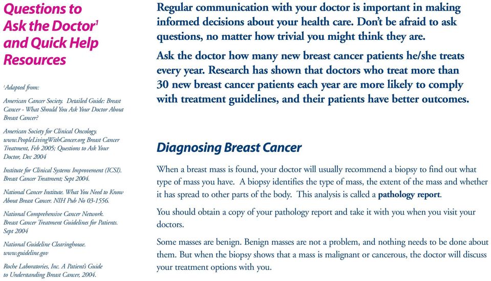 Breast Cancer Treatment; Sept 2004. National Cancer Institute. What You Need to Know About Breast Cancer. NIH Pub No 03-1556. National Comprehensive Cancer Network.