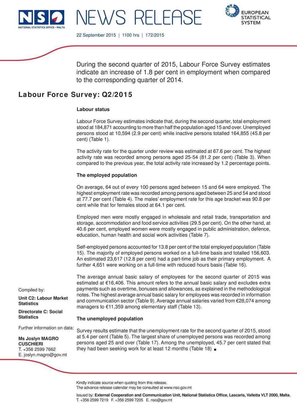 Labour Force Survey: Q2/2015 Labour status Labour Force Survey estimates indicate that, during the second quarter, total employment stood at 184,871 accounting to more than half the population aged