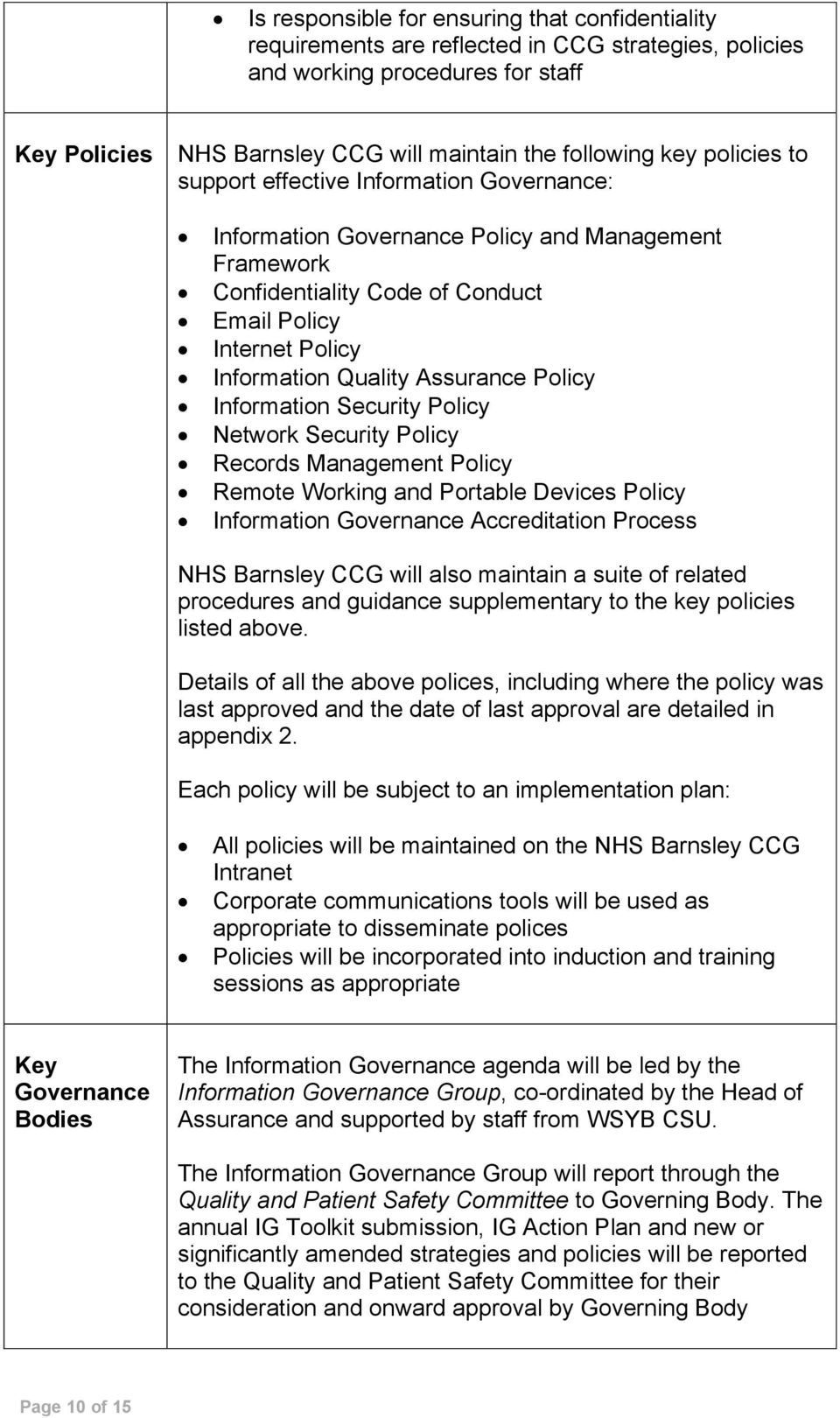 Policy Information Security Policy Network Security Policy Records Management Policy Remote Working and Portable Devices Policy Information Governance Accreditation Process NHS Barnsley CCG will also