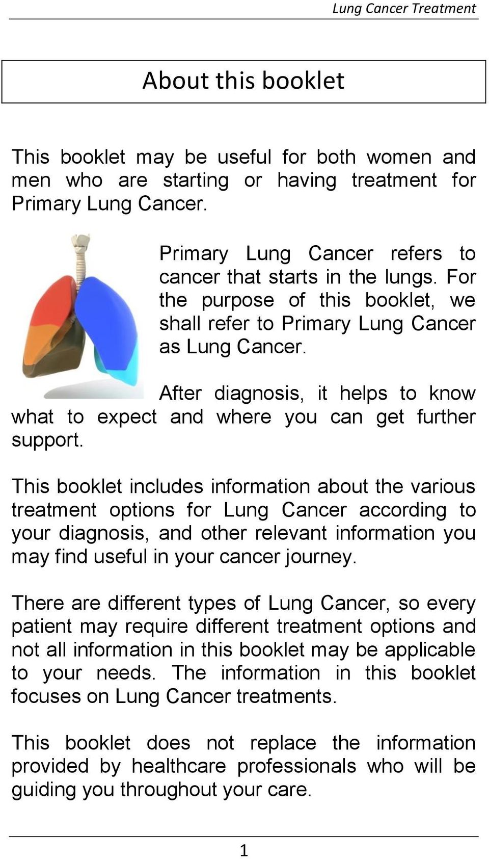 This booklet includes information about the various treatment options for Lung Cancer according to your diagnosis, and other relevant information you may find useful in your cancer journey.
