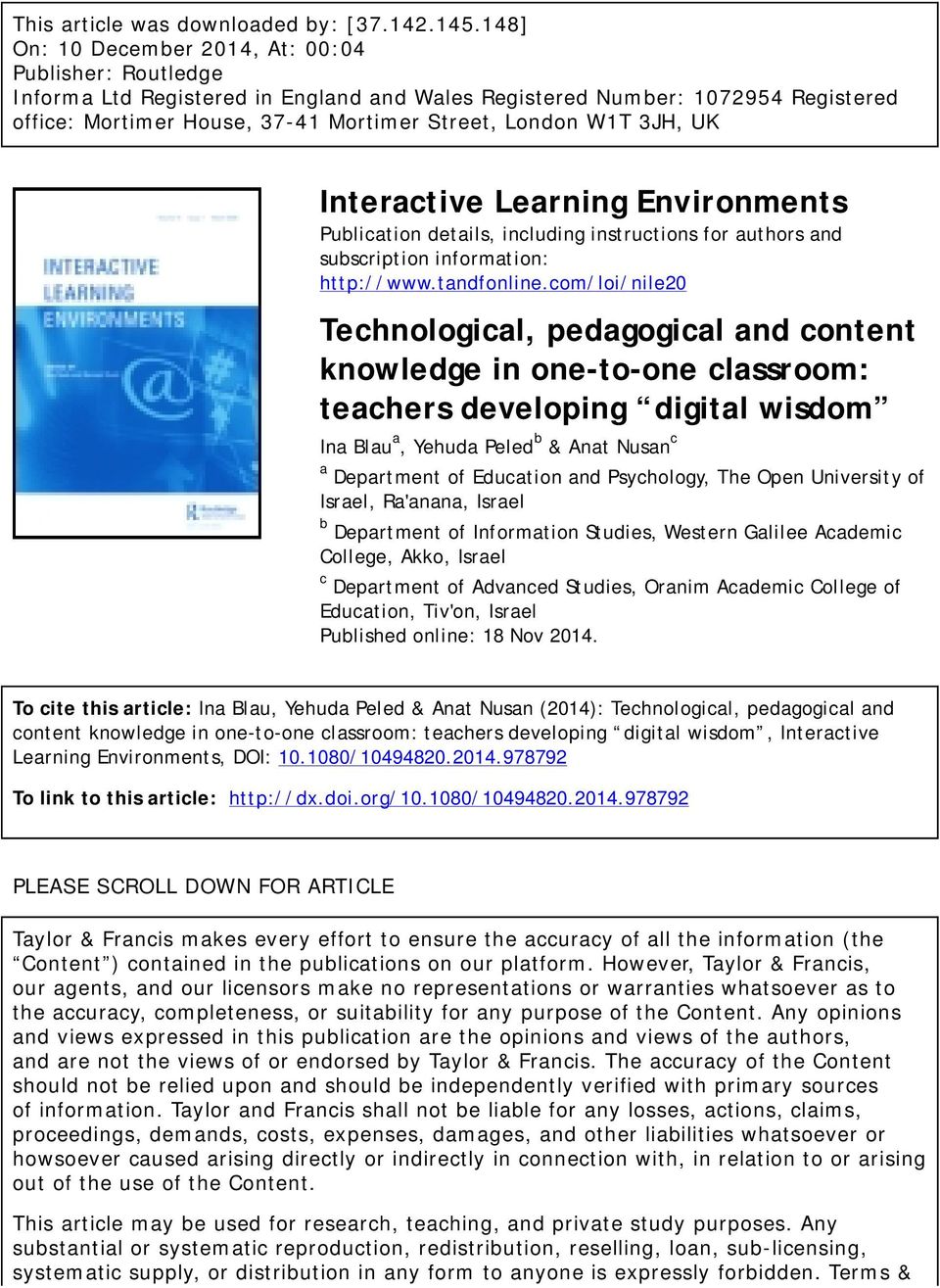 3JH, UK Interactive Learning Environments Publication details, including instructions for authors and subscription information: http://www.tandfonline.