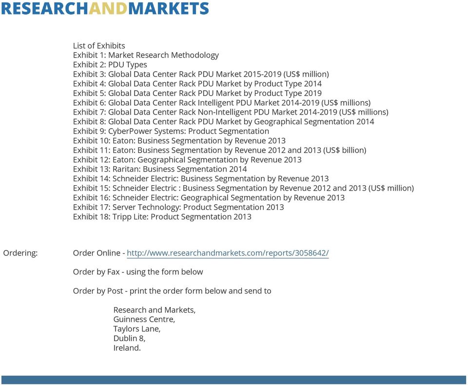 Rack Non-Intelligent PDU Market 2014-2019 (US$ millions) Exhibit 8: Global Data Center Rack PDU Market by Geographical Segmentation 2014 Exhibit 9: CyberPower Systems: Product Segmentation Exhibit