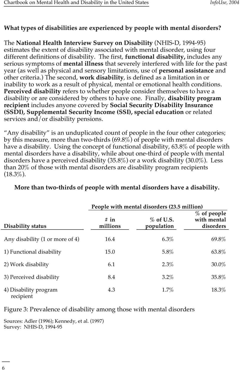 The first, functional disability, includes any serious symptoms of mental illness that severely interfered with life for the past year (as well as physical and sensory limitations, use of personal