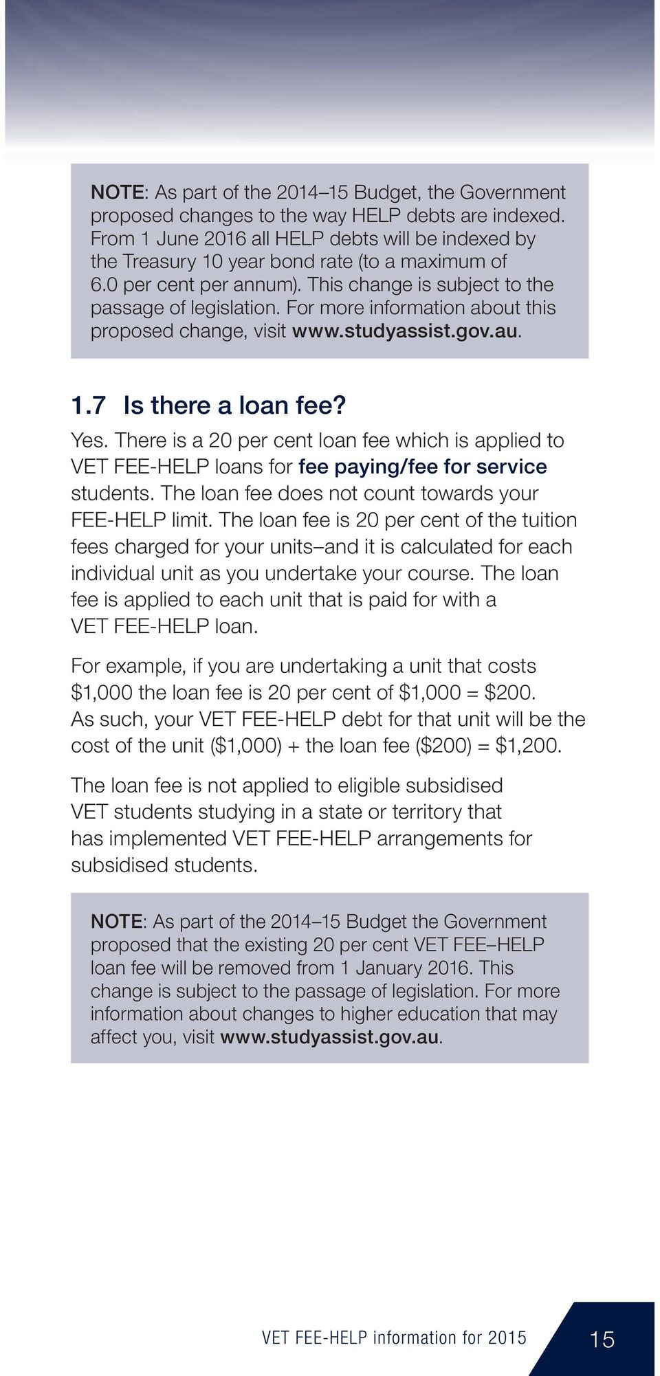 For more information about this proposed change, visit www.studyassist.gov.au. 1.7 Is there a loan fee? Yes.