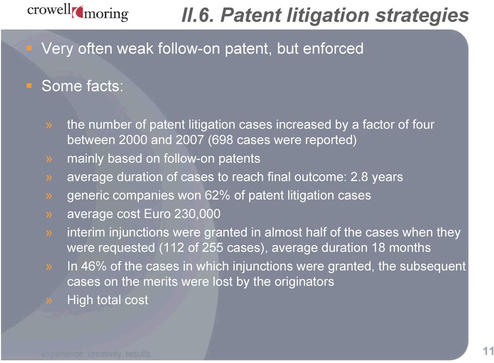 8 years» generic companies won 62% of patent litigation cases» average cost Euro 230,000» interim injunctions were granted in almost half of the cases when