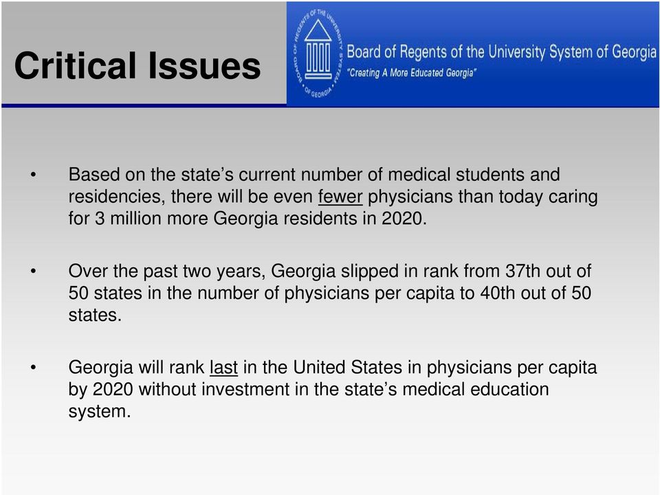 Over the past two years, Georgia slipped in rank from 37th out of 50 states in the number of physicians per capita