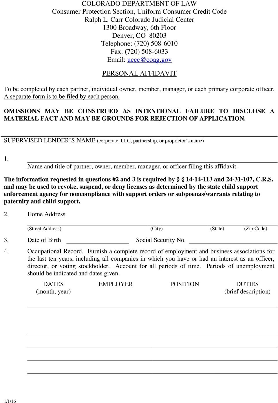gov PERSONAL AFFIDAVIT To be completed by each partner, individual owner, member, manager, or each primary corporate officer. A separate form is to be filed by each person.