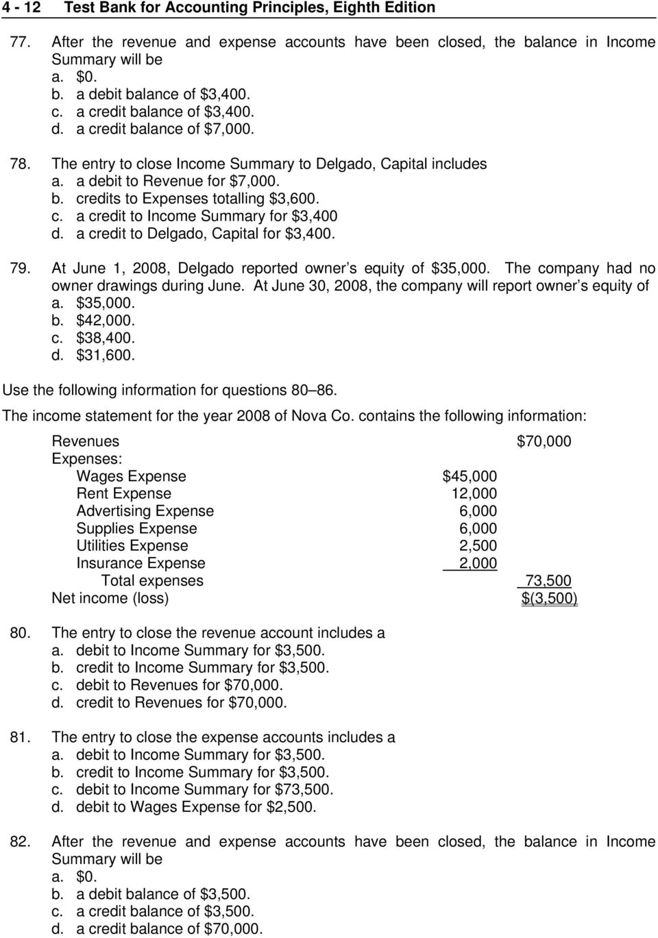 a credit to Delgado, Capital for $3,400. 79. At June 1, 2008, Delgado reported owner s equity of $35,000. The company had no owner drawings during June.